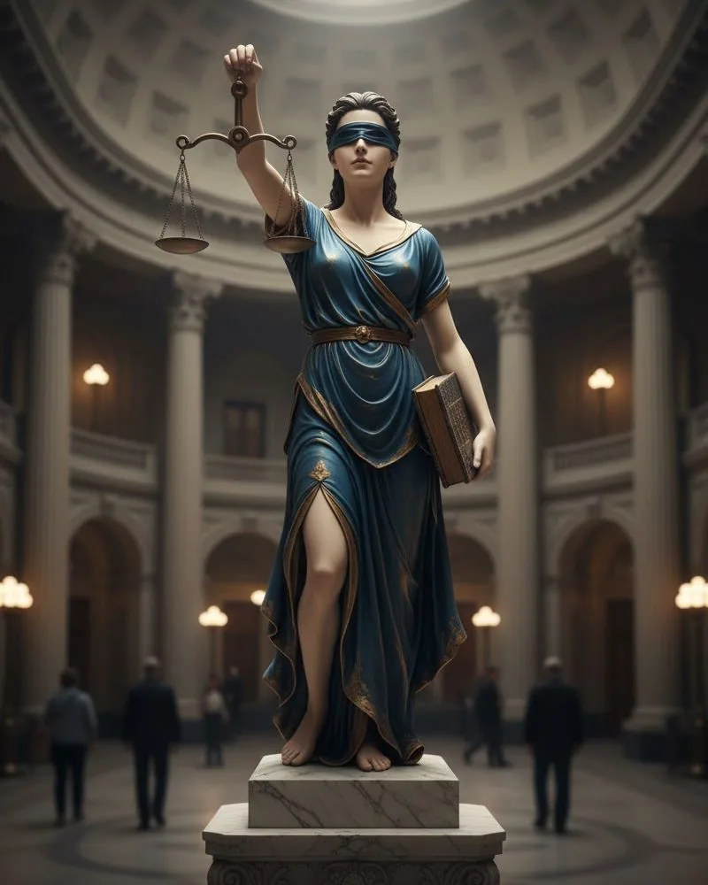 Illustration of a blindfolded figure of Lady Justice holding scales and a book, standing in a marble rotunda