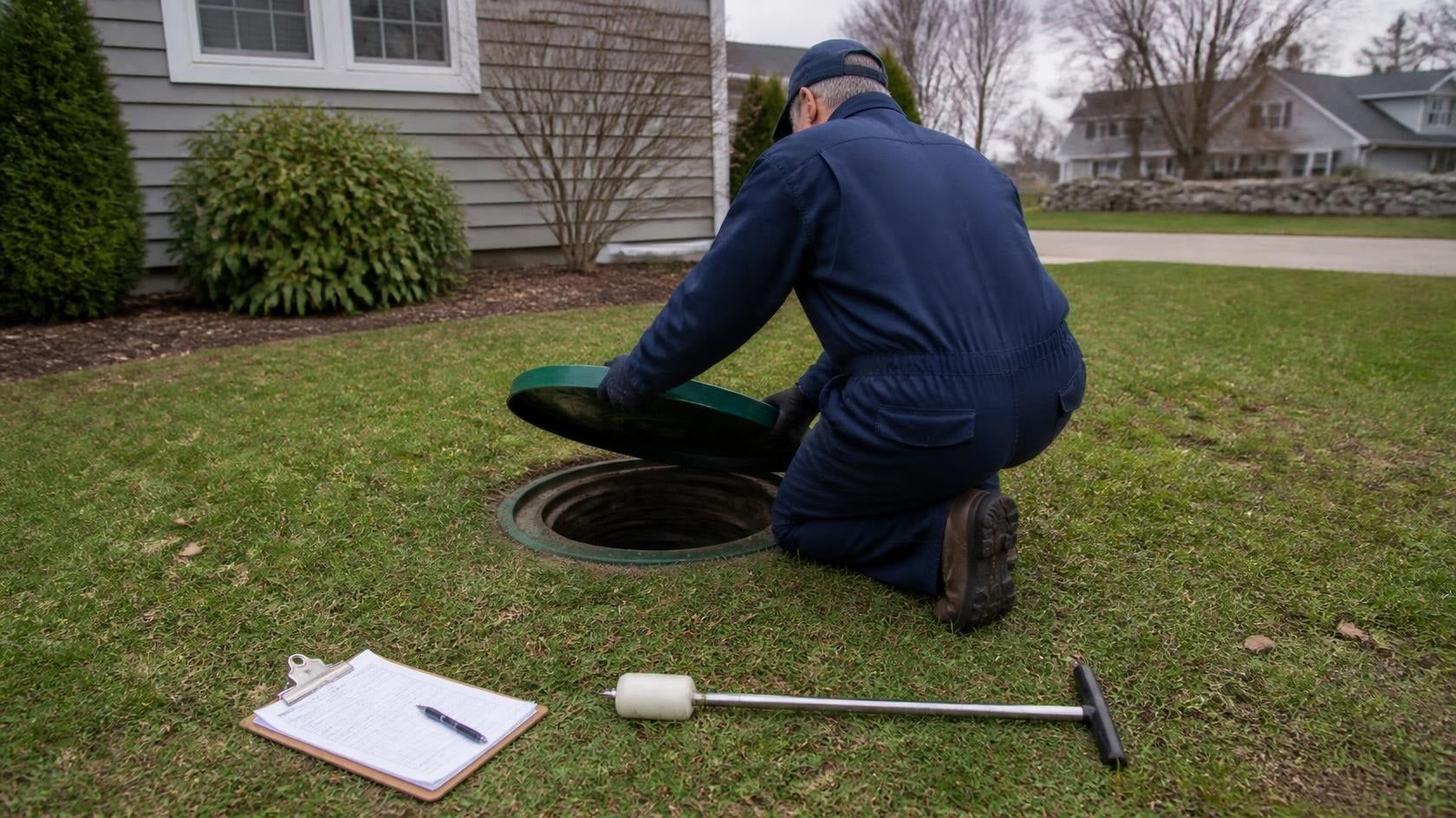 Septic inspector opening a tank lid beside a house