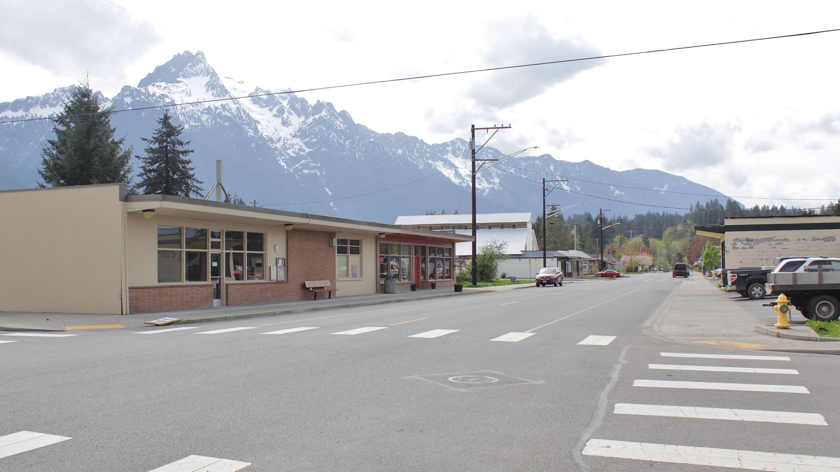 Darrington Street in downtown Darrington, looking west toward Whitehorse Mountain